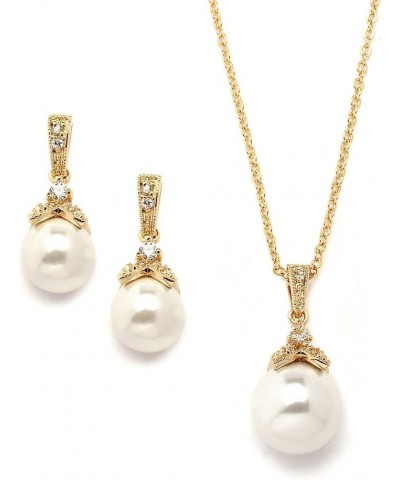 Pearl Drop Bridal Necklace Earrings Set with CZ Crystals for Bride, Bridesmaid, Birthday Gift Gold Necklace Earrings Set $12....